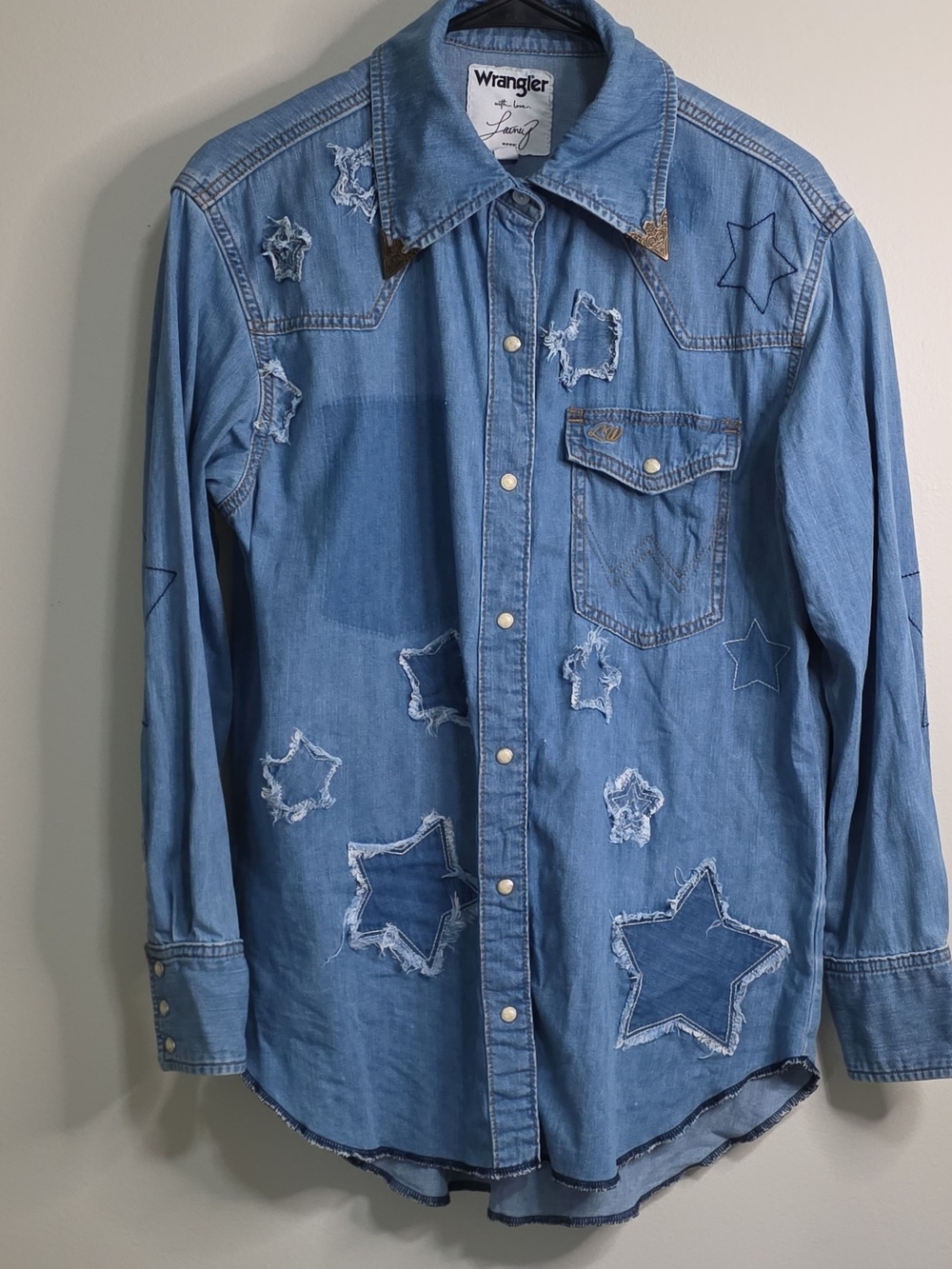 Wrangler Women’s With Love Light Blue Star Patch Denim Shirt